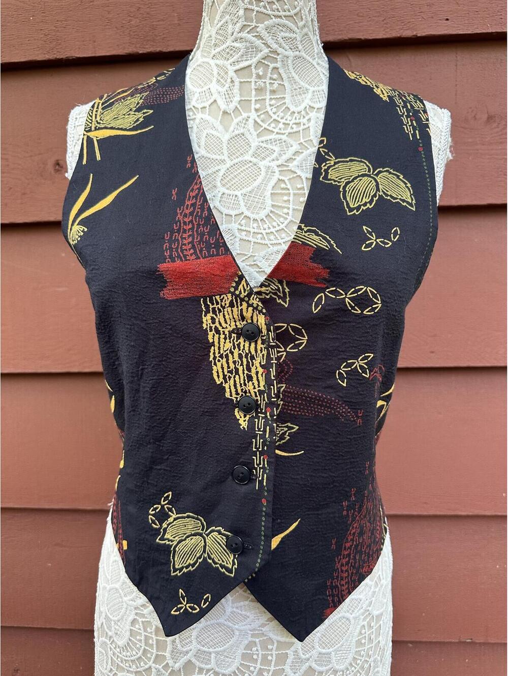 Vintage Printed Vest Black Multi Floral Artsy Waistcoat